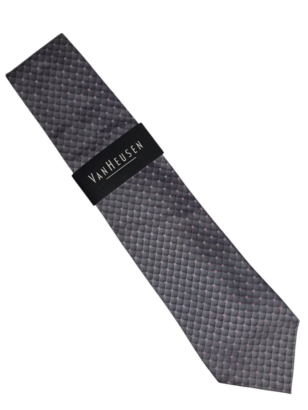 Van Heusen Men's Necktie Gray Pink Geometric Diamond Woven Grid Silk Tie NWT